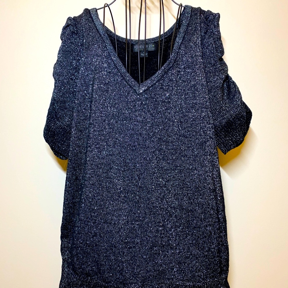 Forever 21 Puff Sleeve Black Metallic Sweater XL